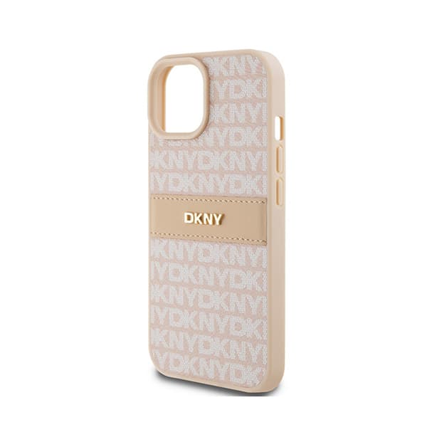 DKNY Leather Mono Stripe & Metal Logo - iPhone 15 Plus / 14 Plus -kotelo (vaaleanpunainen)