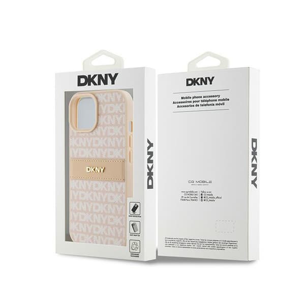 DKNY Leather Mono Stripe & Metal Logo - iPhone 15 Plus / 14 Plus -kotelo (vaaleanpunainen)