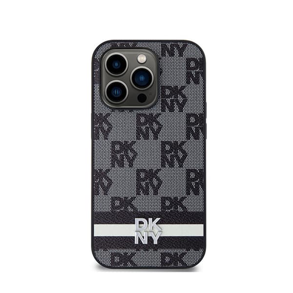DKNY Læder Ternet Mono Mønster & Trykte Striber - iPhone 14 Pro Etui (Sort)