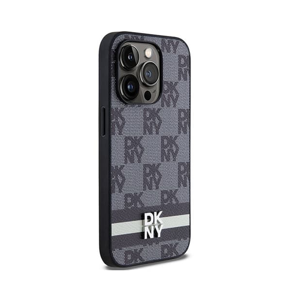 DKNY Læder Ternet Mono Mønster & Trykte Striber - iPhone 14 Pro Etui (Sort)