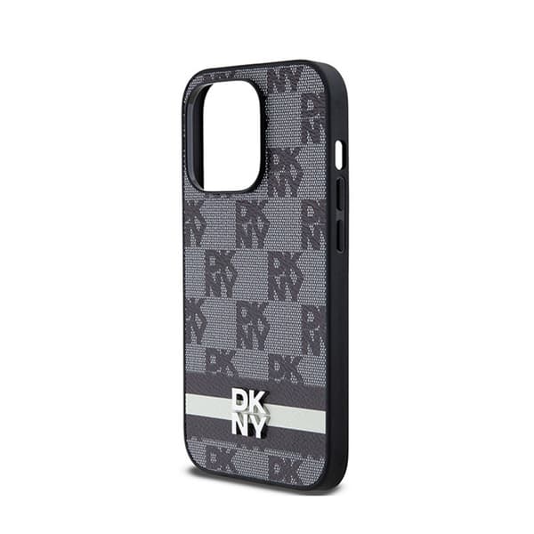 DKNY Læder Ternet Mono Mønster & Trykte Striber - iPhone 14 Pro Etui (Sort)