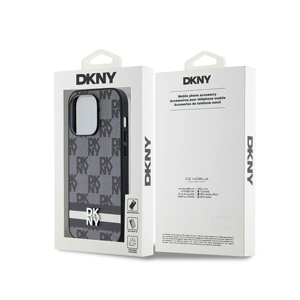 DKNY Læder Ternet Mono Mønster & Trykte Striber - iPhone 14 Pro Etui (Sort)