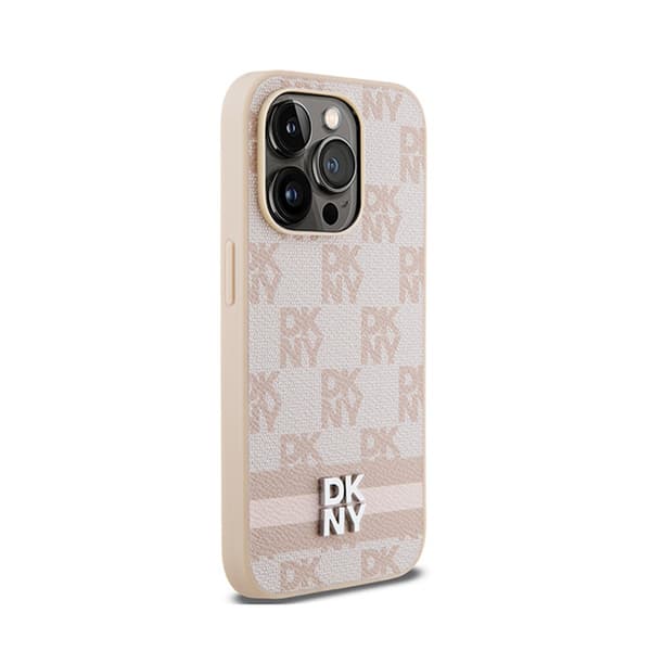 DKNY Læder Ternet Mono Mønster & Trykte Striber - iPhone 14 Pro Etui (Pink)
