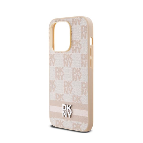 DKNY Læder Ternet Mono Mønster & Trykte Striber - iPhone 14 Pro Etui (Pink)