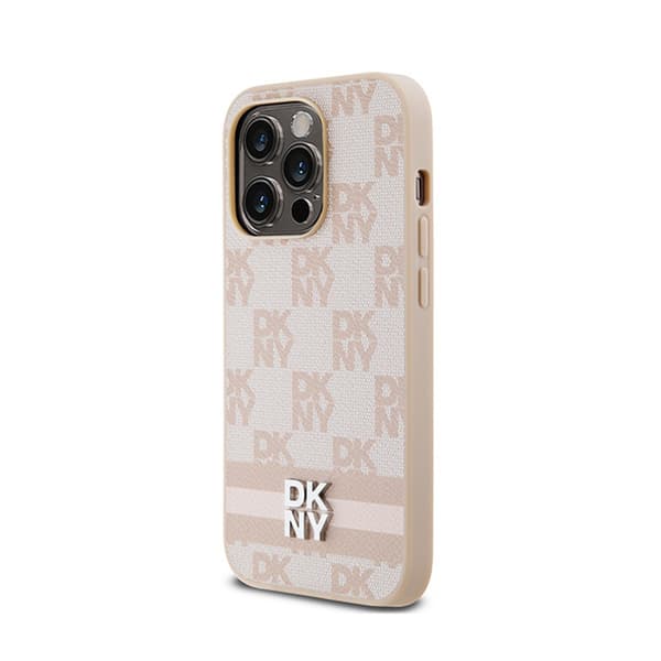 DKNY Læder Ternet Mono Mønster & Trykte Striber - iPhone 14 Pro Etui (Pink)