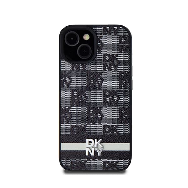 DKNY Nahkaruutukuvioinen yksikuvioinen kuvio ja painetut raidat - iPhone 14/15/13 -kotelo (musta)