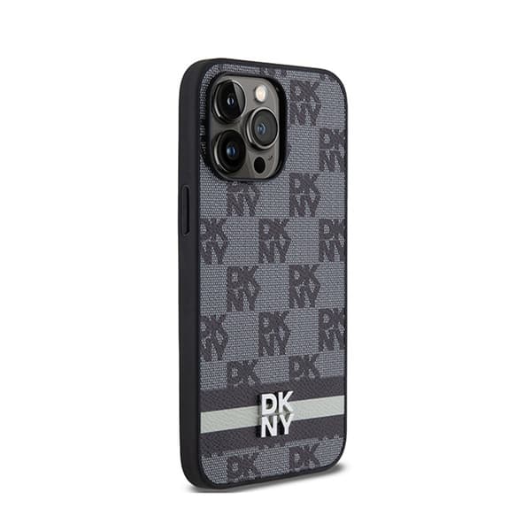 DKNY Nahkaruutukuvioinen yksikuvioinen kuvio ja painetut raidat - iPhone 14 Pro Max -kotelo (musta)