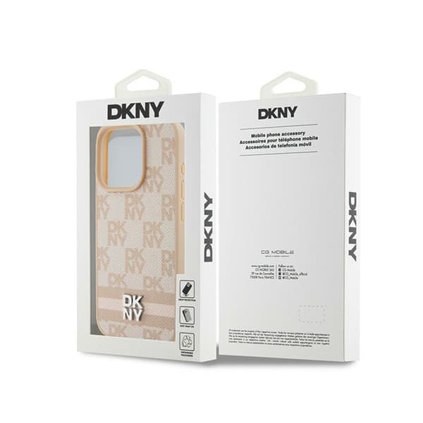 DKNY Nahkaruutukuvioinen yksikuvioinen kuvio ja painetut raidat - iPhone 15 Pro -kotelo (vaaleanpunainen)
