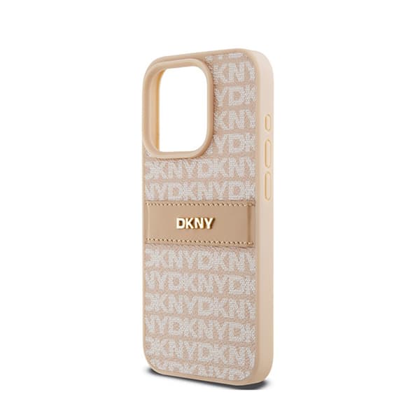 DKNY Leather Mono Stripe & Metal Logo - iPhone 15 Pro -kotelo (vaaleanpunainen)