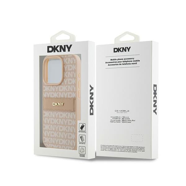DKNY Leather Mono Stripe & Metal Logo - iPhone 15 Pro -kotelo (vaaleanpunainen)