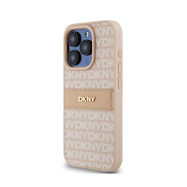 DKNY Leather Mono Stripe & Metal Logo - iPhone 15 Pro -kotelo (vaaleanpunainen)