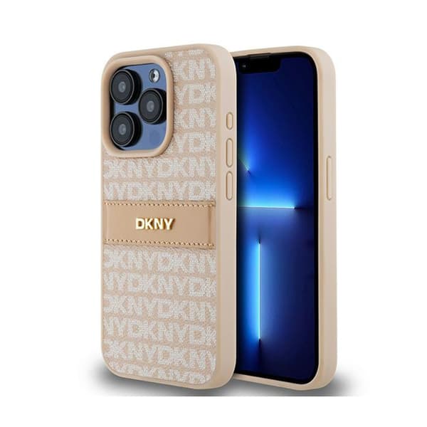 DKNY Leather Mono Stripe & Metal Logo - iPhone 15 Pro -kotelo (vaaleanpunainen)