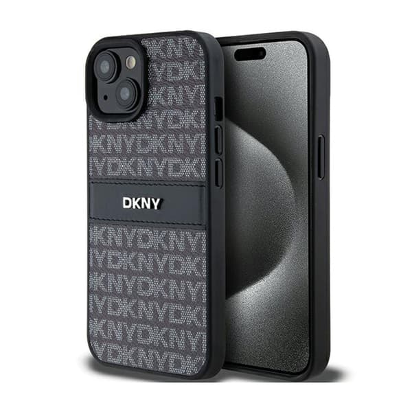 DKNY Leather Mono Stripe & Metal Logo - iPhone 15 Plus / 14 Plus -kotelo (musta)