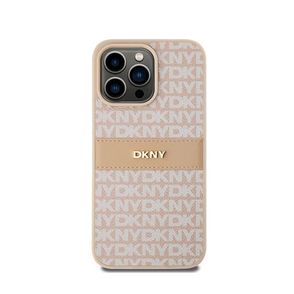 DKNY Leather Mono Stripe & Metal Logo - iPhone 15 Pro Max -kotelo (vaaleanpunainen)