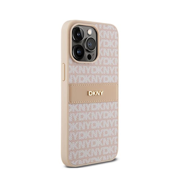 DKNY Leather Mono Stripe & Metal Logo - iPhone 15 Pro Max -kotelo (vaaleanpunainen)