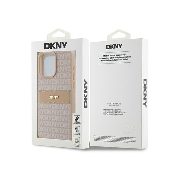 DKNY Leather Mono Stripe & Metal Logo - iPhone 15 Pro Max -kotelo (vaaleanpunainen)