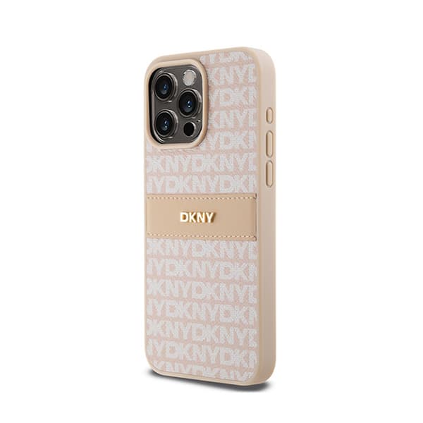 DKNY Leather Mono Stripe & Metal Logo - iPhone 15 Pro Max -kotelo (vaaleanpunainen)