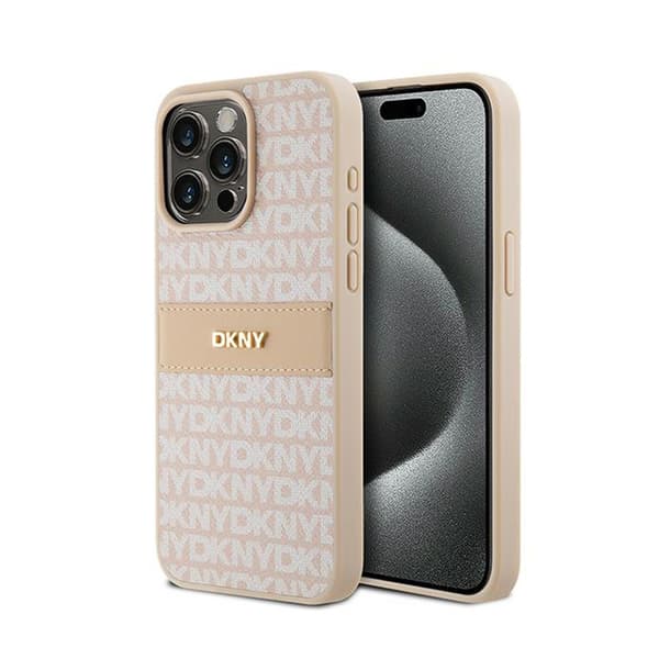 DKNY Leather Mono Stripe & Metal Logo - iPhone 15 Pro Max -kotelo (vaaleanpunainen)