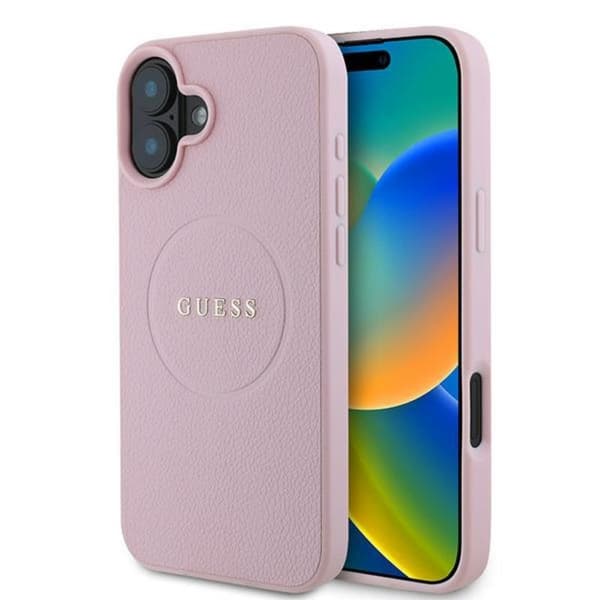 Guess Grained Ring MagSafe - iPhone 16 Plus -suojakuori (vaaleanpunainen)