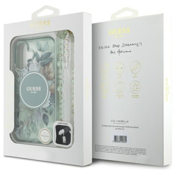 Guess IML Flowers helminauhalla MagSafe - iPhone 16 Plus -suojakuori (vihreä)