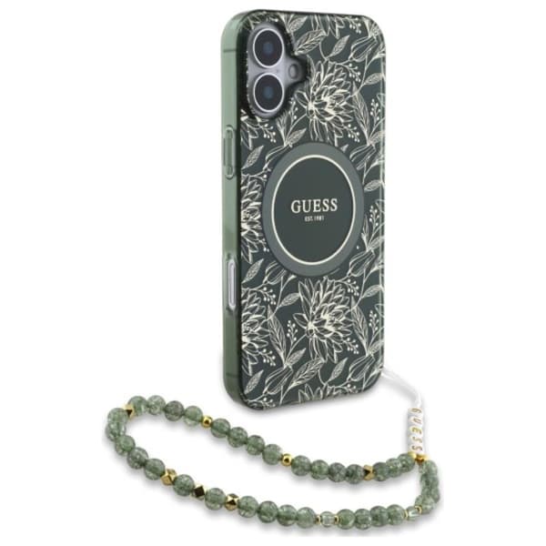 Guess IML Flowers Allover Electro med perlerem MagSafe - iPhone 16 Plus cover (grøn)