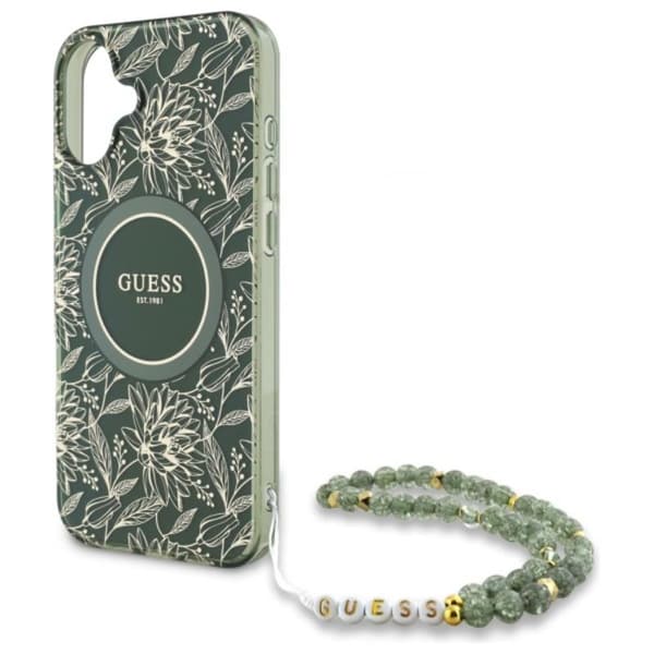 Guess IML Flowers Allover Electro med perlerem MagSafe - iPhone 16 Plus cover (grøn)