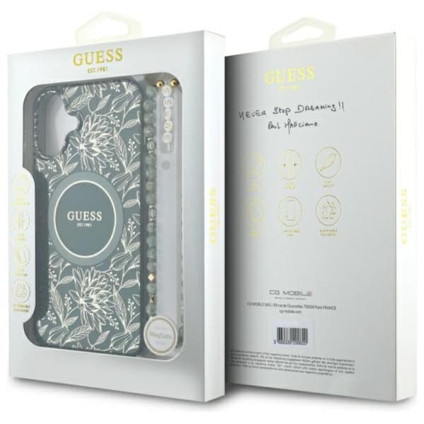 Guess IML Flowers Allover Electro med perlerem MagSafe - iPhone 16 Plus cover (grøn)