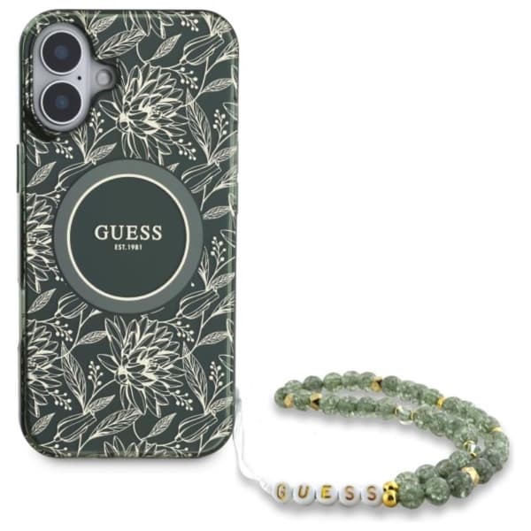 Guess IML Flowers Allover Electro med perlerem MagSafe - iPhone 16 Plus cover (grøn)