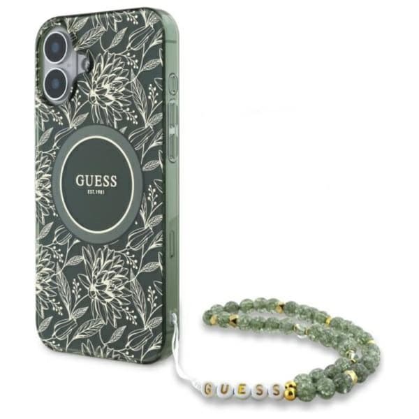Guess IML Flowers Allover Electro med perlerem MagSafe - iPhone 16 Plus cover (grøn)
