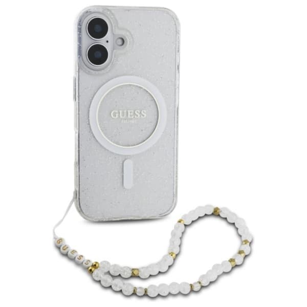 Guess IML Glitter helmiäisrannekkeella varustettu MagSafe - iPhone 16 Plus -suojakuori (kirkas)