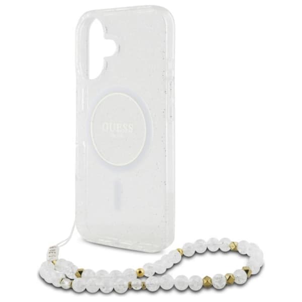 Guess IML Glitter helmiäisrannekkeella varustettu MagSafe - iPhone 16 Plus -suojakuori (kirkas)