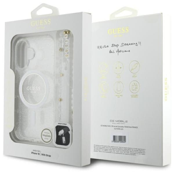 Guess IML Glitter helmiäisrannekkeella varustettu MagSafe - iPhone 16 Plus -suojakuori (kirkas)