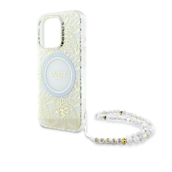 Guess IML Flowers Allover Electro med pärlrem MagSafe - iPhone 16 Pro-skal (vitt)