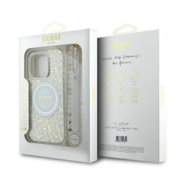 Guess IML Flowers Allover Electro med pärlrem MagSafe - iPhone 16 Pro-skal (vitt)