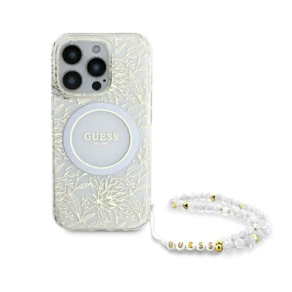 Guess IML Flowers Allover Electro med pärlrem MagSafe - iPhone 16 Pro-skal (vitt)