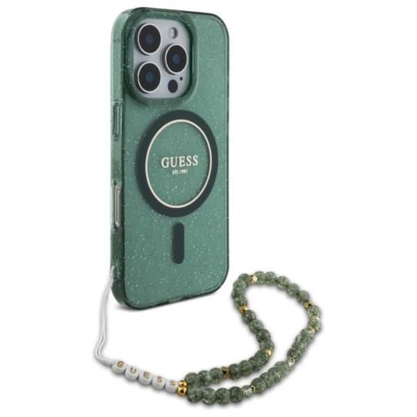 Guess IML Glitter med perlerem MagSafe - iPhone 16 Pro Max cover (grøn)