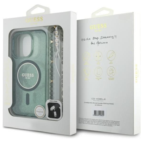 Guess IML Glitter med perlerem MagSafe - iPhone 16 Pro Max cover (grøn)