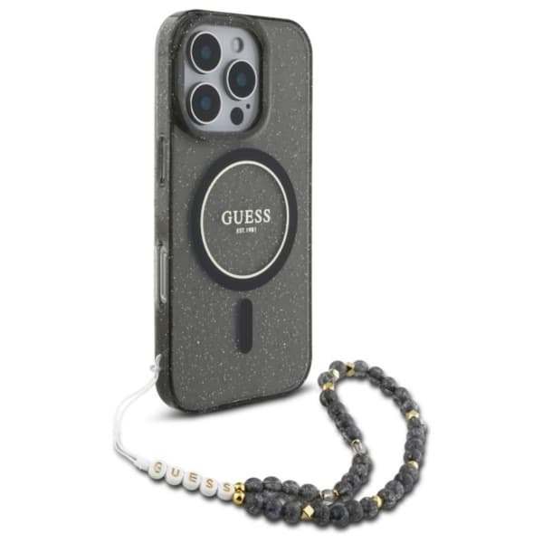 Guess IML Glitter med pärlrem MagSafe - iPhone 16 Pro Max-skal (svart)