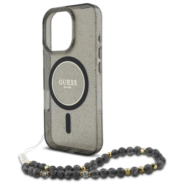 Guess IML Glitter med pärlrem MagSafe - iPhone 16 Pro Max-skal (svart)