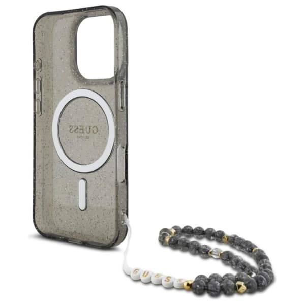 Guess IML Glitter med pärlrem MagSafe - iPhone 16 Pro Max-skal (svart)