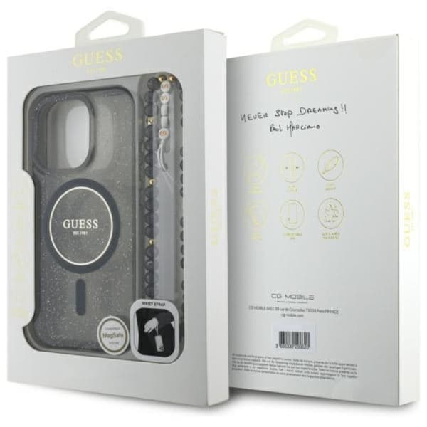 Guess IML Glitter med pärlrem MagSafe - iPhone 16 Pro Max-skal (svart)