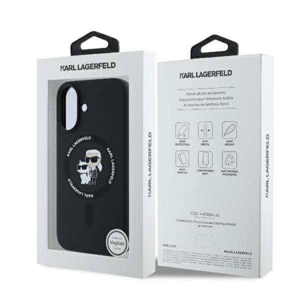 Karl Lagerfeld silikoninen Karl & Choupette -sormus MagSafe - iPhone 16 Plus -kotelo (musta)