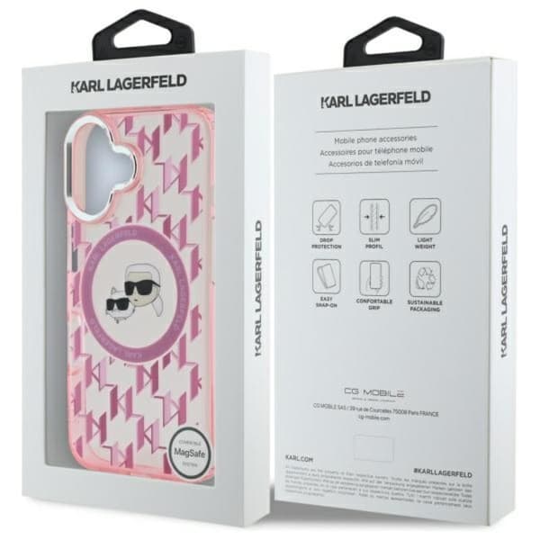 Karl Lagerfeld IML Monogram Karl & Choupette Head MagSafe - iPhone 16 -suojakuori (vaaleanpunainen)