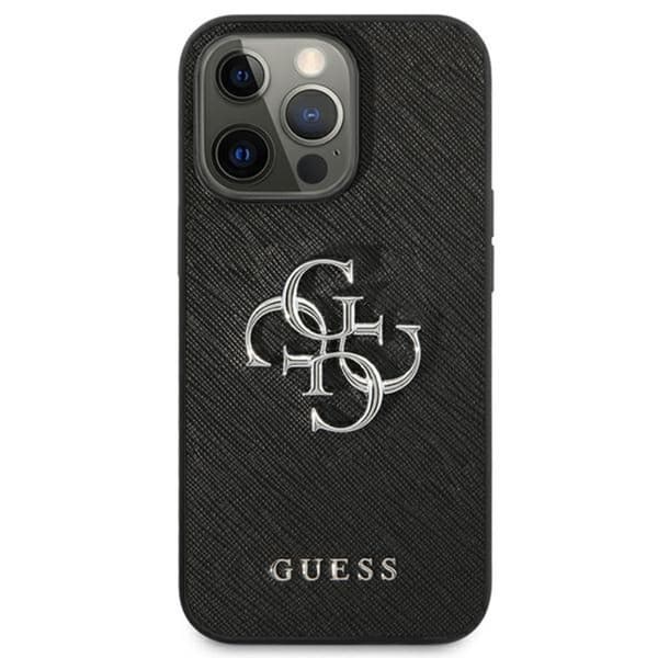 Guess Saffiano 4G iso hopeinen logo - iPhone 13 Pro -kotelo (musta)