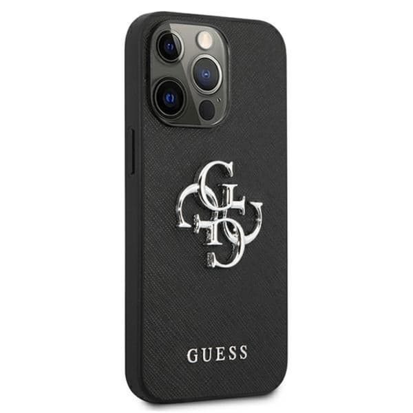 Guess Saffiano 4G iso hopeinen logo - iPhone 13 Pro -kotelo (musta)