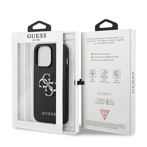 Guess Saffiano 4G iso hopeinen logo - iPhone 13 Pro -kotelo (musta)