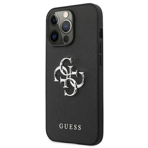 Guess Saffiano 4G iso hopeinen logo - iPhone 13 Pro -kotelo (musta)