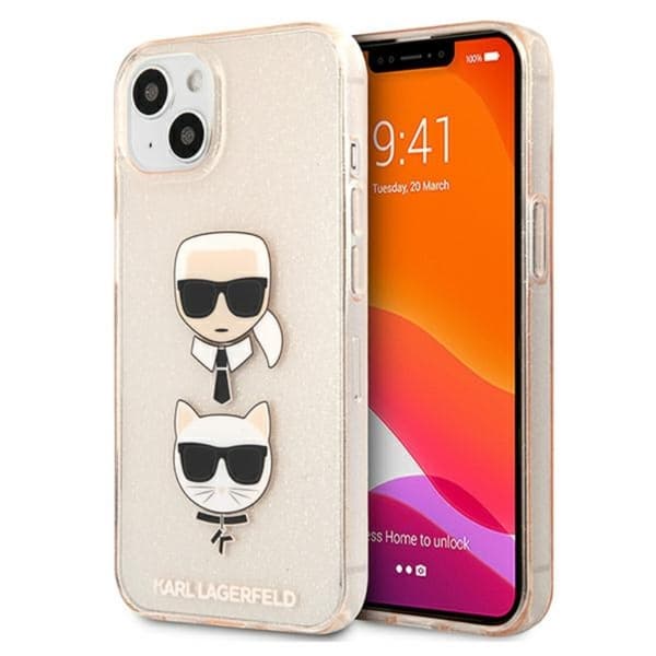 Karl Lagerfeld Glitter Karl & Choupette -pää - iPhone 13 mini -suojakuori (kulta)