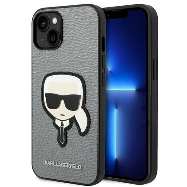 Karl Lagerfeld Saffiano Karl Head Patch-etui - iPhone 14 Plus-etui (sølv)