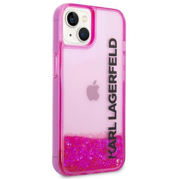 Karl Lagerfeld Liquid Glitter -läpikuultava pitkänomainen logollinen suojakuori - iPhone 14 Plus -kotelo (vaaleanpunainen)